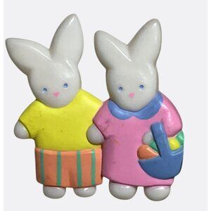 Hallmark Easter Bunny Lapel Pin Duo With Basket and Striped Outfit Vintage
